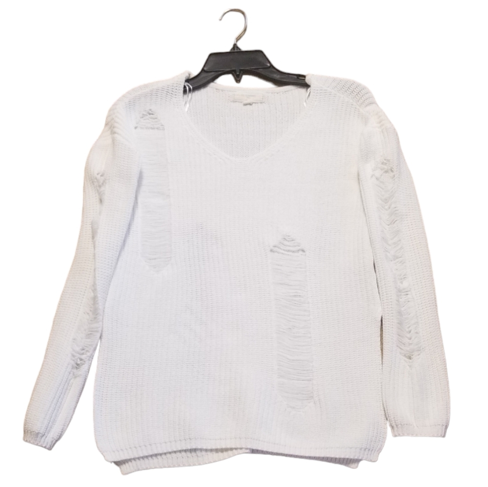 No Comment White Distressed Sweater